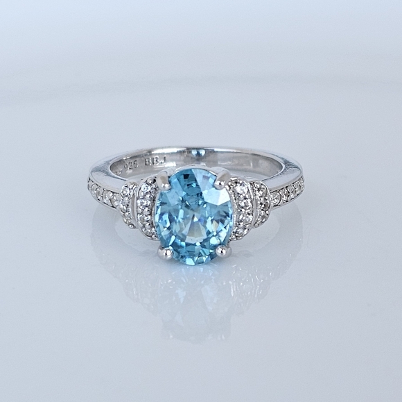 Bangkok Ratnaraj Jewelers Jewelry - Genuine Cambodian Blue Zircon & White Zircon Ring Sterling Silver Size 6